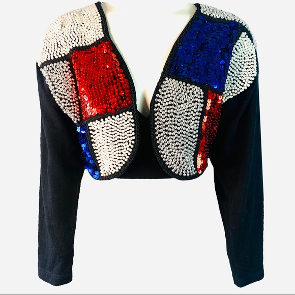 Vintage Jackets & Blazers - VINTAGE JOUJOU CROP BUTTONLESS BLACK BLUE RED WHITE SEQUIN PEARLS BLAZER MEDIUM